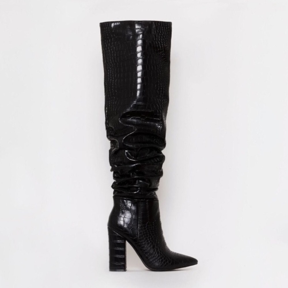 Black Croc Thigh High Boots